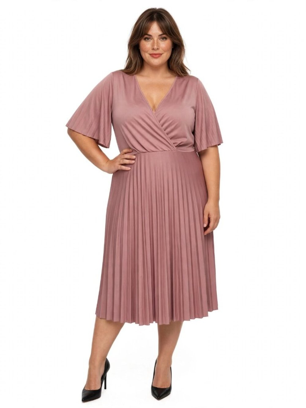 ASOS Dress Simply Be Pleated Kimono Sleeve Deep V Neck Midi Skater Rose Pink